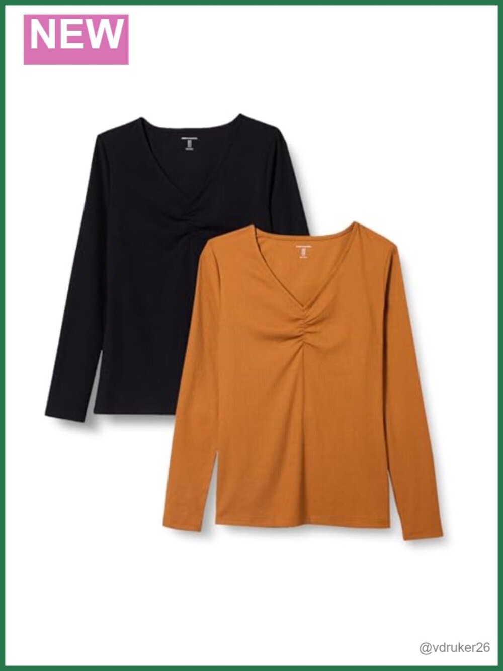 Women's Cinched V-Neck Long Sleeve Rib-Knit Slim Fit T-Shirt